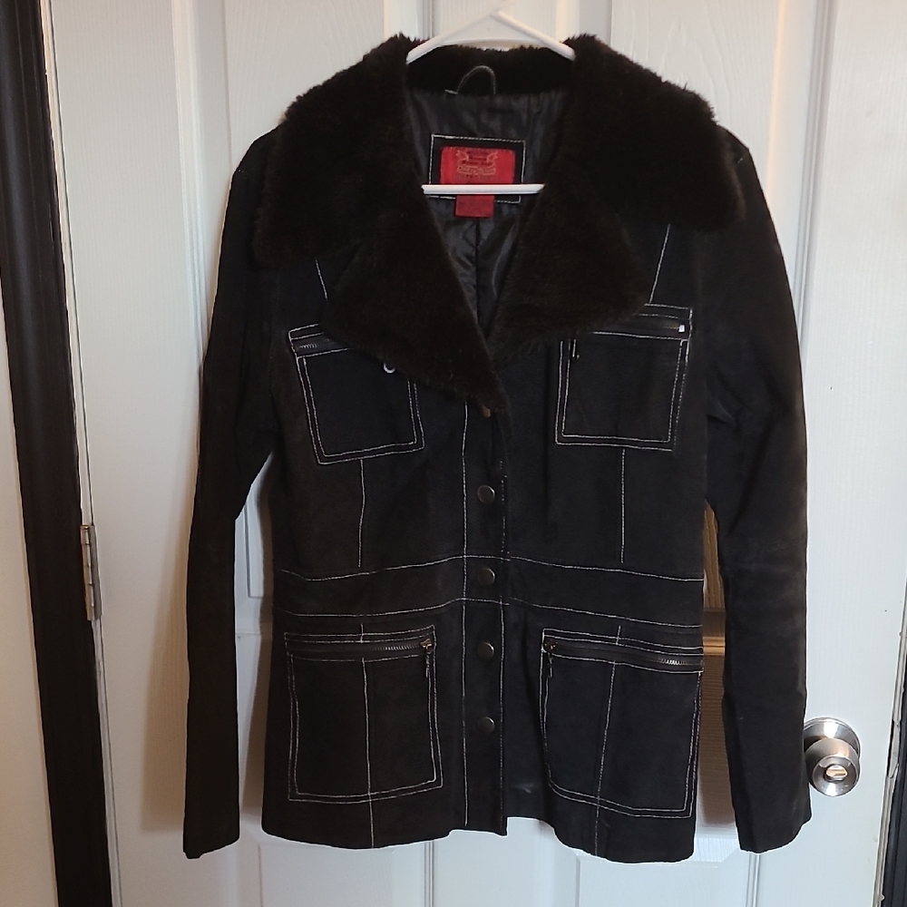 Black Suede Women's Jacket with Faux Fur Collar